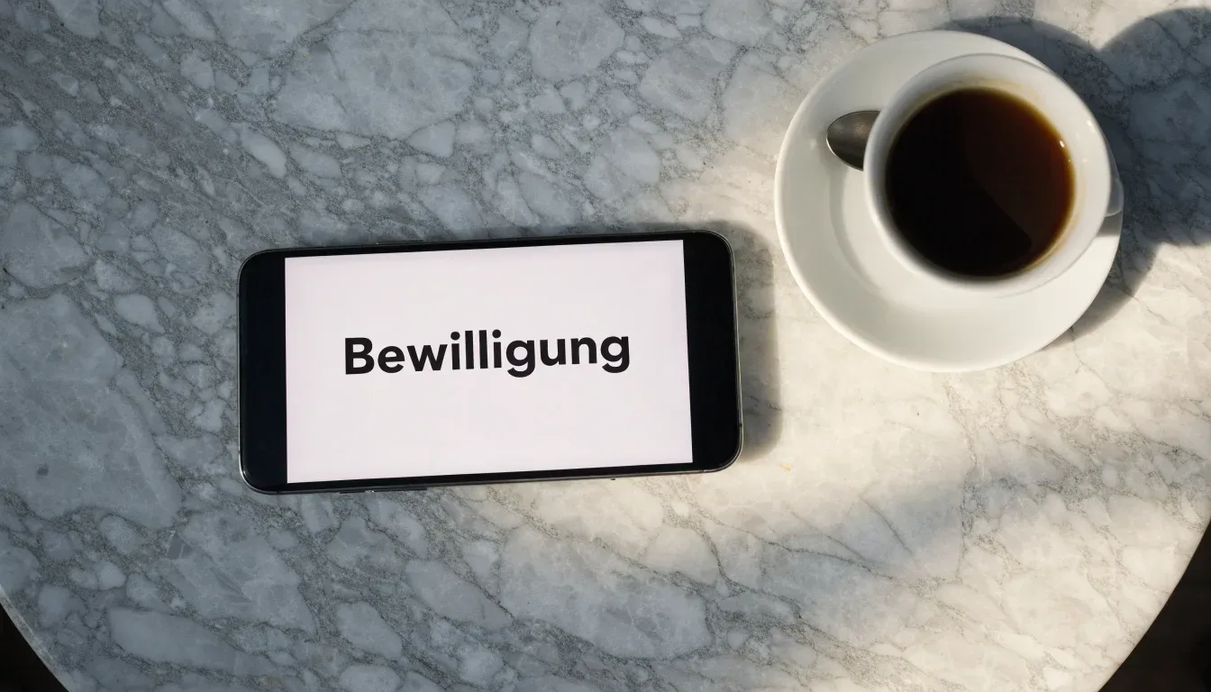 Ein Smartphone liegt mit der Rückseite nach oben auf einem Kaffeehaustisch neben einer Tasse und einem Löffel.