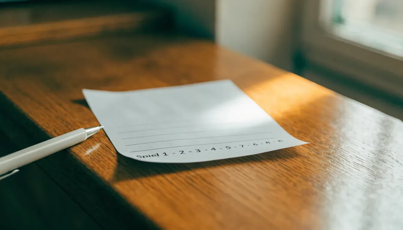 Ein unbeschriebener Papierwettschein und ein Kugelschreiber liegen auf einer hölzernen Ladentheke im Tageslicht.