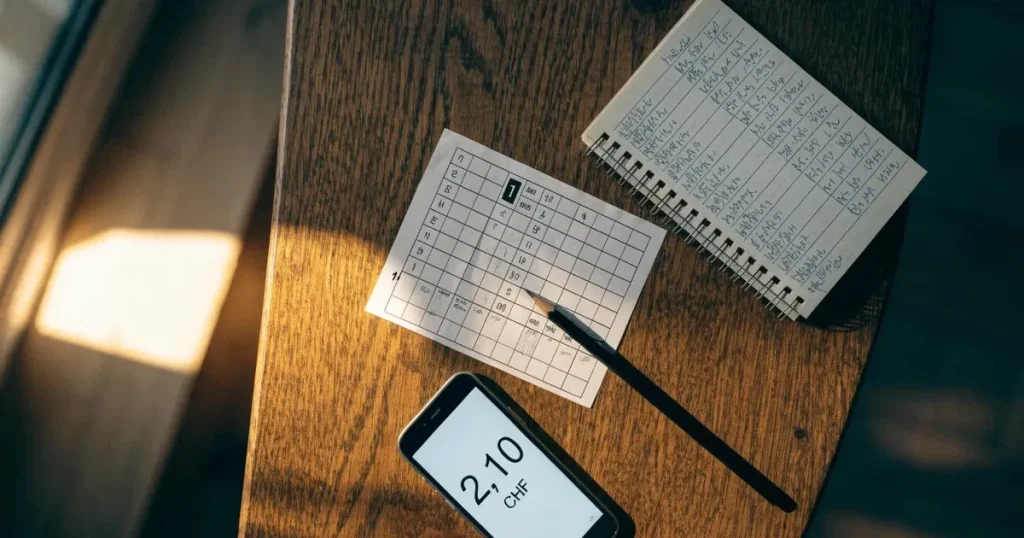 Ein Taschenrechner und ein Bleistift liegen auf kariertem Papier, auf dem nur handgezeichnete Striche und Kreise zu sehen sind.