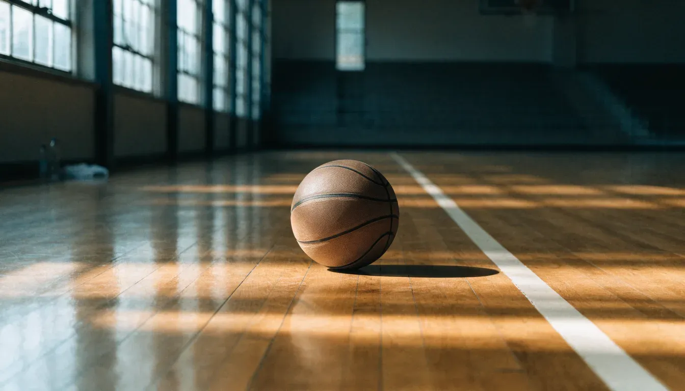 Ein Basketball ruht auf dem Parkett einer leeren Sporthalle, durch hohe Fenster fällt Tageslicht.