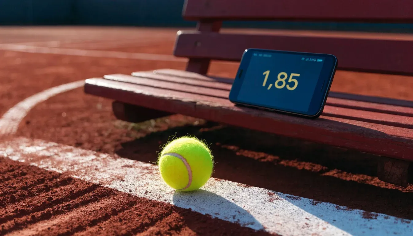 Ein Tennisball liegt auf rotem Sand neben einer verblassten Linie, das Licht ist weich.