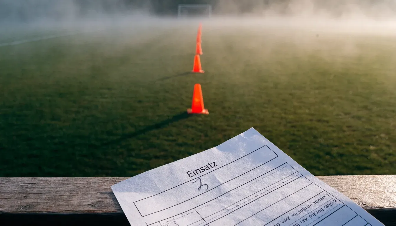Orange Pylonen stehen auf einem Trainingsplatz im Nebel, die Ränder des Platzes verschwimmen im Dunst.