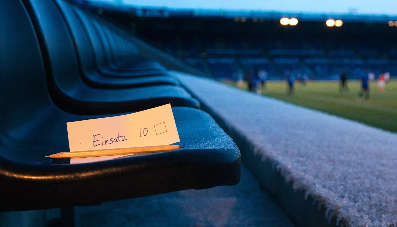 Ein grauer Wollschal und eine Thermoskanne liegen auf einem Sitz im winterlichen Stadion, Raureif liegt auf den Stufen.