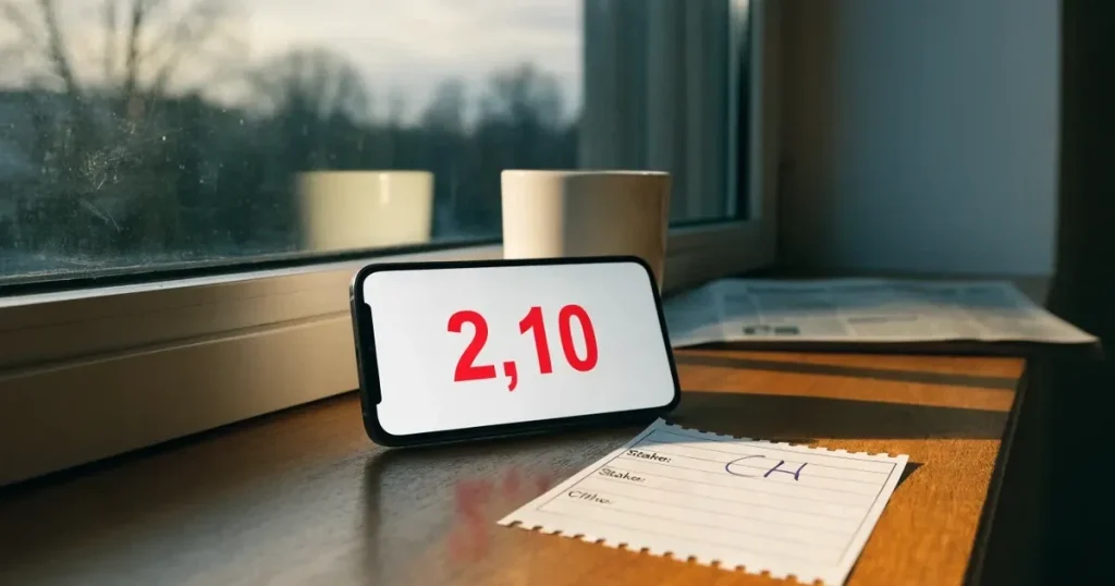 Eine kleine Schachtel mit Schleife steht auf einem Fensterbrett, dahinter ein grauer Wintertag.